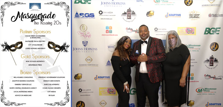  Chairwoman,  Kimberly Castle Royster, Will Holmes, and Executive Director, Lenora Henry Baltimore City Chamber of Commerce's 2021 Masquerade Gala
